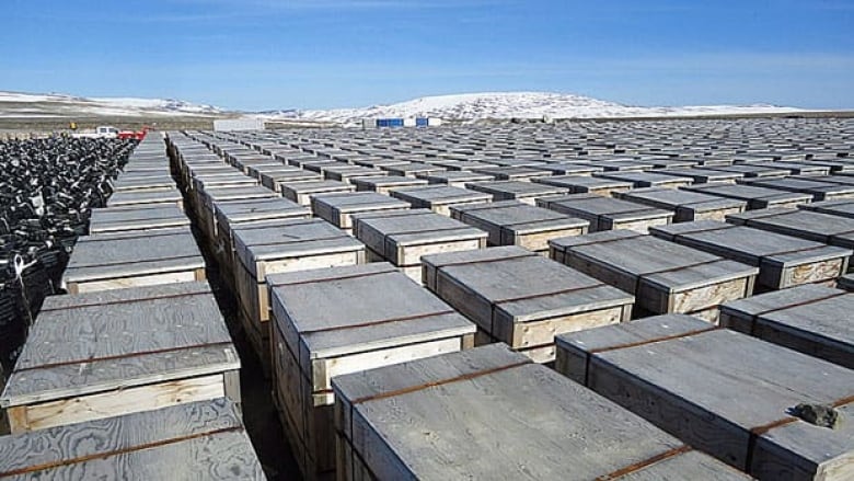 Lots of boxes in a field in front of a snowy mountain