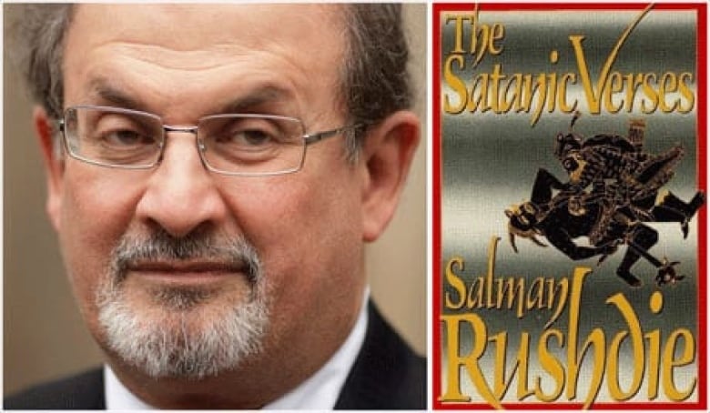 A man with greyish brown hair and glasses is shown beside the copy of the book The Satanic Verses by Salman Rushdie.