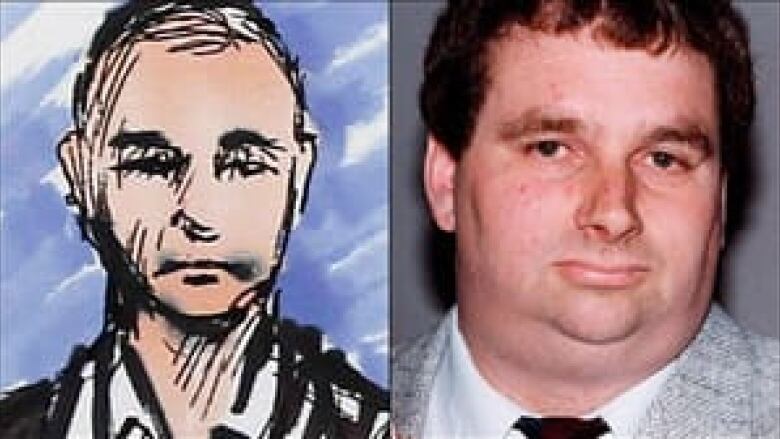 A court sketch and an image of a man looking to the camera are pictured side-by-side.