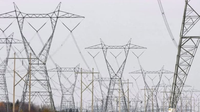 Electricity transmission towers and lines dominating a vista.