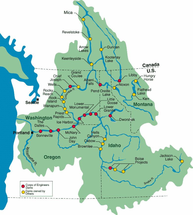 A map showing a series of dams in the northwest U.S. and Canada due to the Columbia River Treaty.