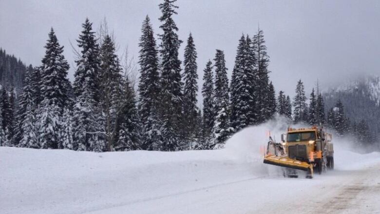 A yellow snow plow clears a wide mountain highway surrounded by trees in the Kootenay region of B.C.