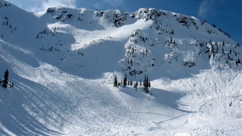 A snowy mountainside is shown under a blue, sunny sky.