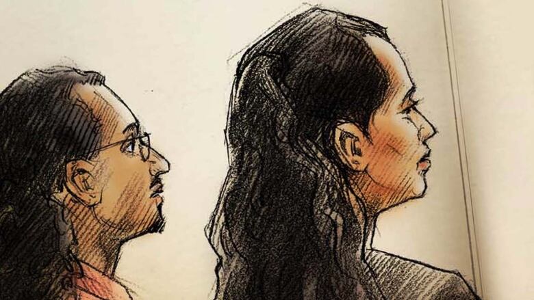 A court sketch of a man, left, with glasses and long hair tied in a ponytail, and a woman, right, with long black hair, half up and half down.