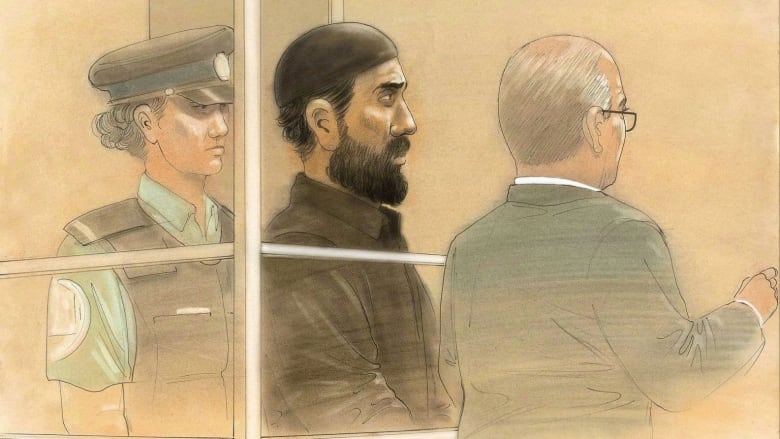 Raed Jaser appears in court in Toronto on Tuesday, April 23, 2013 in this artist's sketch. Parole officials did not trample on the rights of Jaser, an accused terrorist, by revoking his criminal pardon based on the unproven charges he faces, the federal government argues in newly filed court documents.