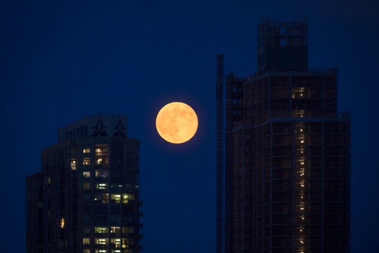 A bright moon is seen against the dark blue background of the sky between two dark outlines of high-rise buildings.