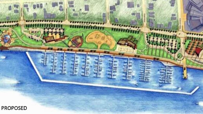 Sketch of riverfront marina