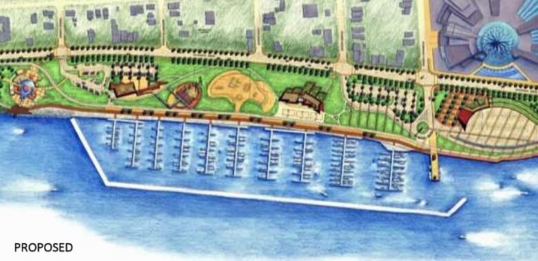 Sketch of riverfront marina