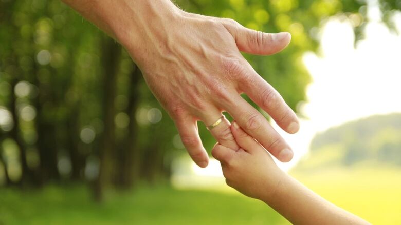 A child's hand holds an adult's fingers in front of a field of trees. 