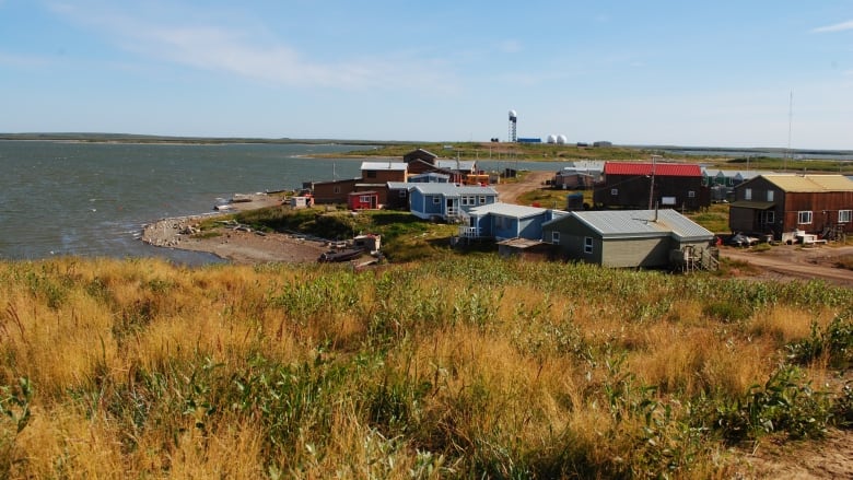 A photo of Tuktoyaktuk, Northwest Territories with tundra in the foreground and houses in the background with the ocean to the left 