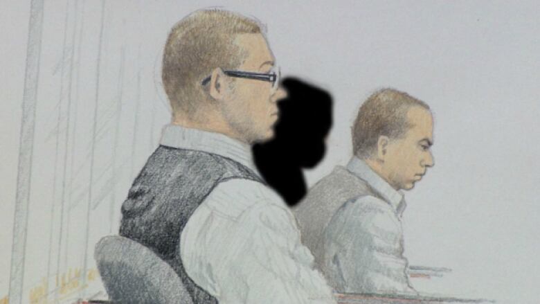 Matthew Johnston, on the left, and Cody Haevischer are depicted in this sketch made in a B.C. Supreme Court courtroom.