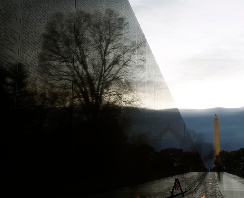 The Washington monument is pictured in the distance and is seen from the veterans memorial.