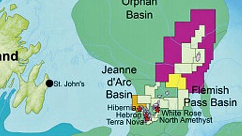 Map of Newfoundland, with the Jeanne d'Arc Basin, the Carson Basin and the Flemish Pass Basin highlighted off it's east coast.