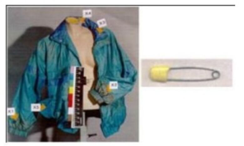 A blurry photo of a blue-green windbreaker covered in police evidence tags, next to a photo of a yellow safety pin. 