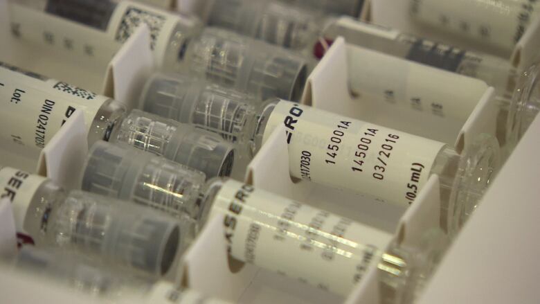 A tray of a vaccine vials.