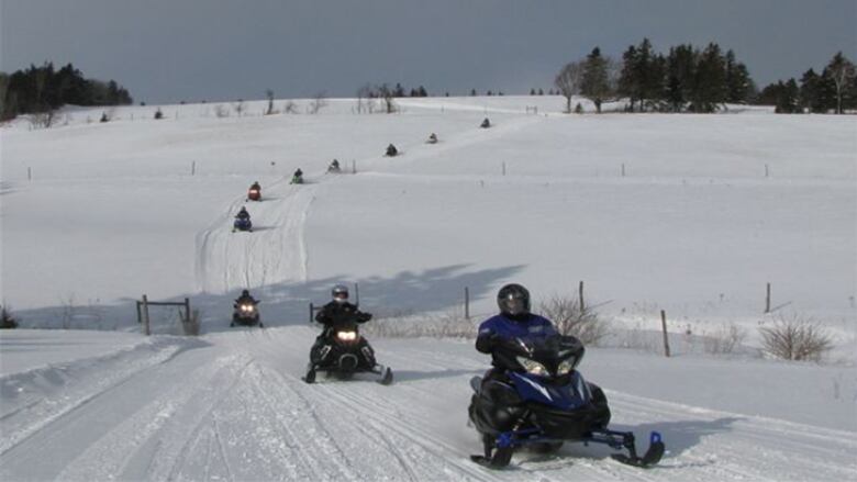 A line of snowmobiles on an open section of Confederation Trail.