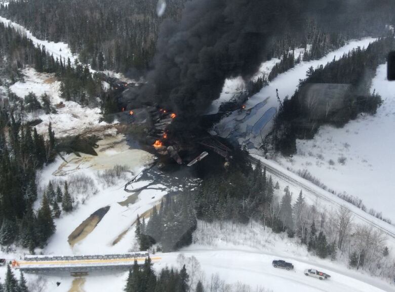 A train derailment with black smoke coming from the wreckage.