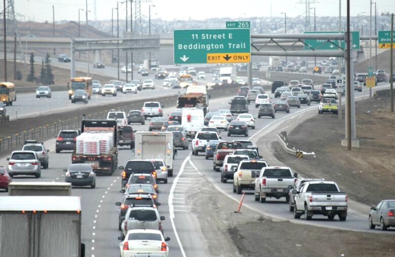 Dozens of cars seen in rush hour traffic on Calgary's Deerfoot Trail.