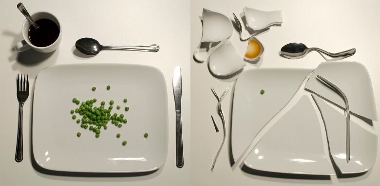 Table is set with two square plates. Plate on the left has a few green peas. Plate on the right is broken into pieces.