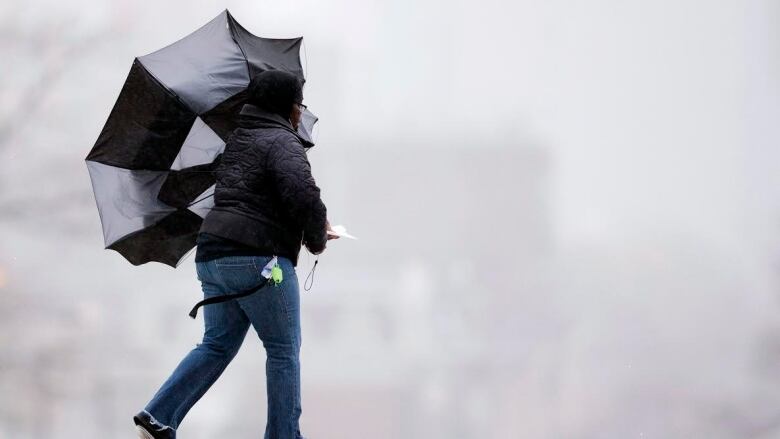 Person walking on windy day with umbrella turned inside out.