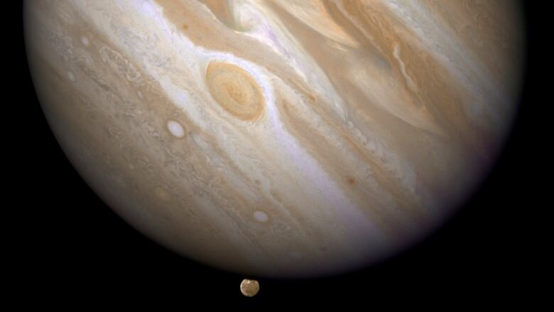 Jupiter, with different shades of browns and white bands and a large egg-shaped storm, hangs in the blackness of space, with its moon Ganymede.