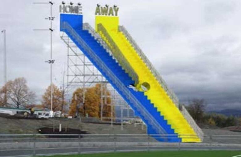 Two sets of long stairs  one blue, one yellow  are pictured in a mockup.