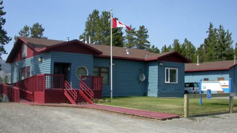 A small blue house with brown roof and red stairs/porch. A Canadian flag flies on a pole on the front lawn. 