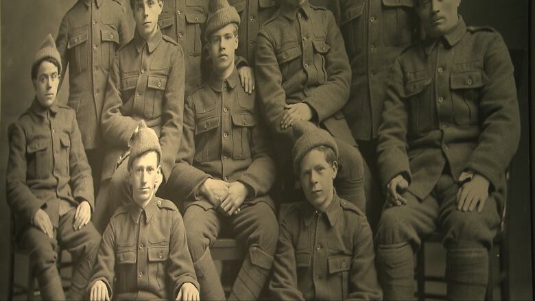 An aged photo of young soldiers. 