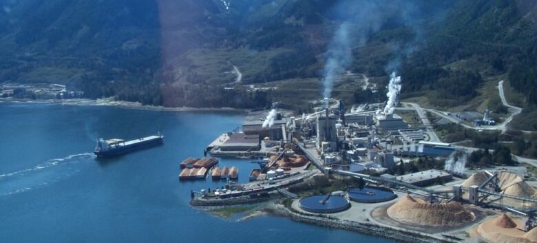 An aerial view of a pulp and paper mill, set next to a body of water.