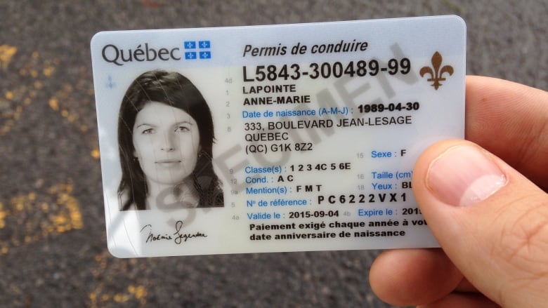 A hand holds a Quebec driver's licence.