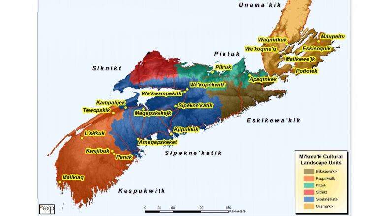 A map shows some Mi'kmaq place names in Nova Scotia.