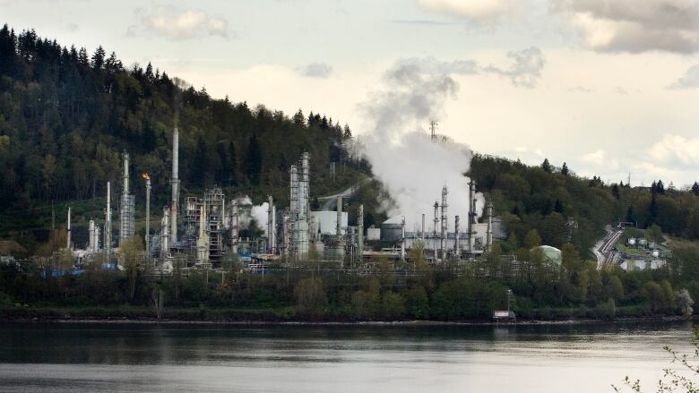 The Burnaby refinery operates near the shoreline surrounded by green trees. Water vapor rises in a white cloud from the facility. 