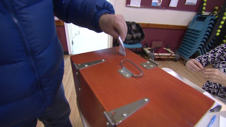 A wooden ballot box. 