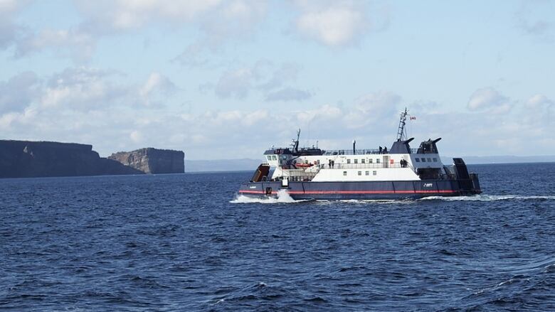 A ferry boat sailing toward land. 