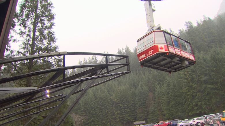 A red cable car is seen suspended above a platform.