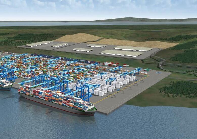 An artists drawing shows a ship loaded with shipping containers docked alongside a container terminal with dozens of other containers already unloaded.