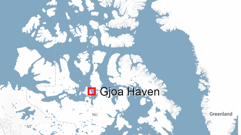 A Google rendering pointing out Gjoa Haven on a map of Nunavut