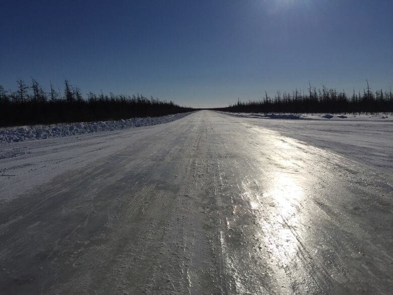 A road made of ice shimmers in the sun with trees on either side 