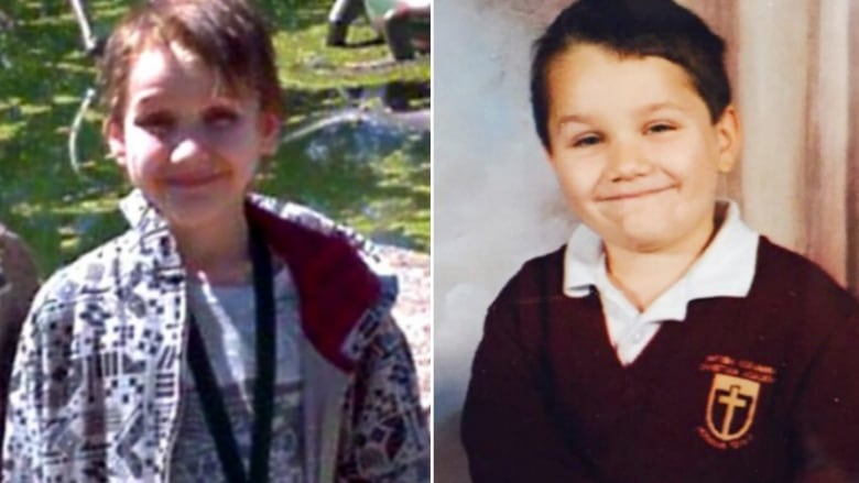 Two photos show a smiling, healthy boy as a young teen and as a six-year-old.