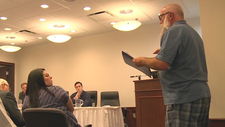 Leo Cheverie addresses a democratic reform town hall in Charlottetown in 2016. 