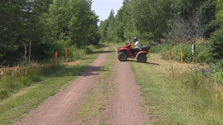 An ATV drives out of a wooded area onto a double-rutted walking trail. 