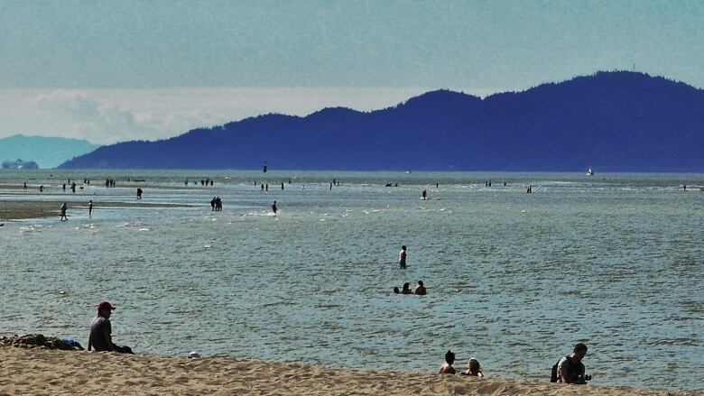 People lie on  the beach and wade in shallow water  on a sunny day at a Vancouver beach. Mountains  are visible in the background.