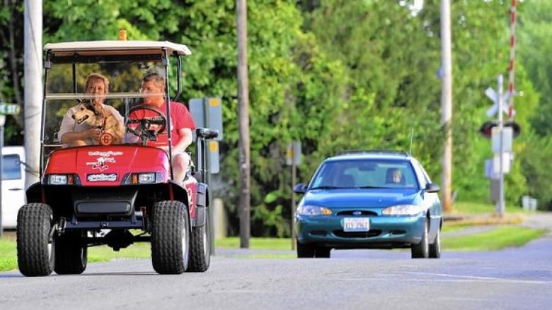 a golf cart with two people and a dog in it drive on a road as a car follows them