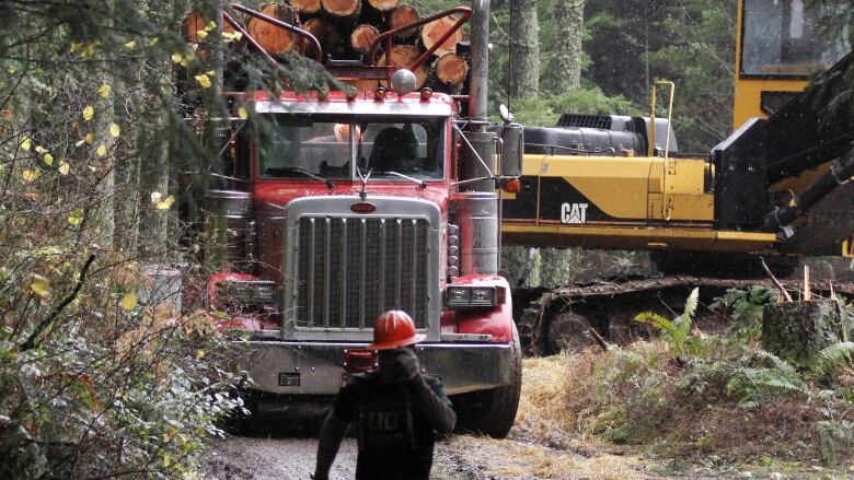 A worker walks down the road with a logging truck behind him.