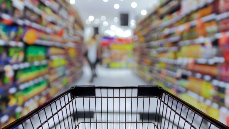 A shopping cart in a grocery store.