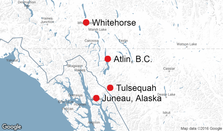 A map of northern B.C. shows the location of Tulsequah Chief mine, relative to Whitehorse, Atlin, B.C., and Juneau.