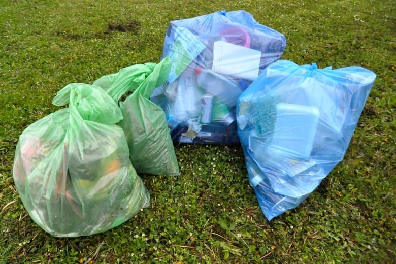 Four clear garbage bags.