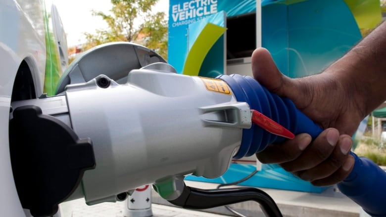 A hand holds an electric vehicle charger into an EV's port. The words Electric Vehicle charging station are visible in the background.