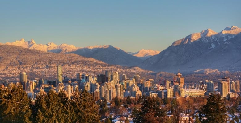 A winter view of Vancouver and North Shore mountains.