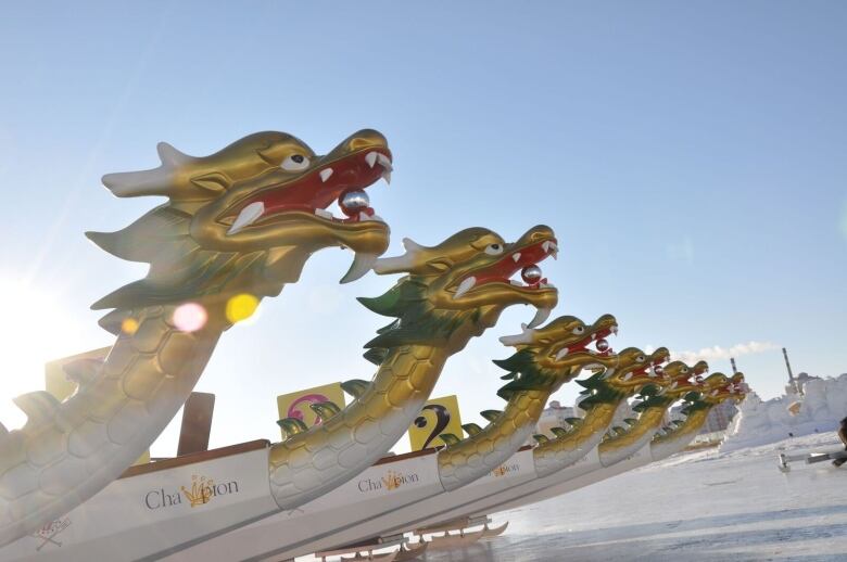 A series of dragon boats with the heads of dragons on the front, on ice. 